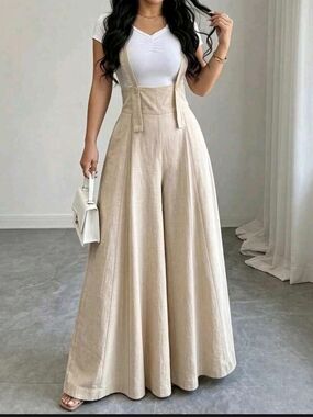 High-Waist Wide-Leg Suspender Jumpsuit in Light Beige